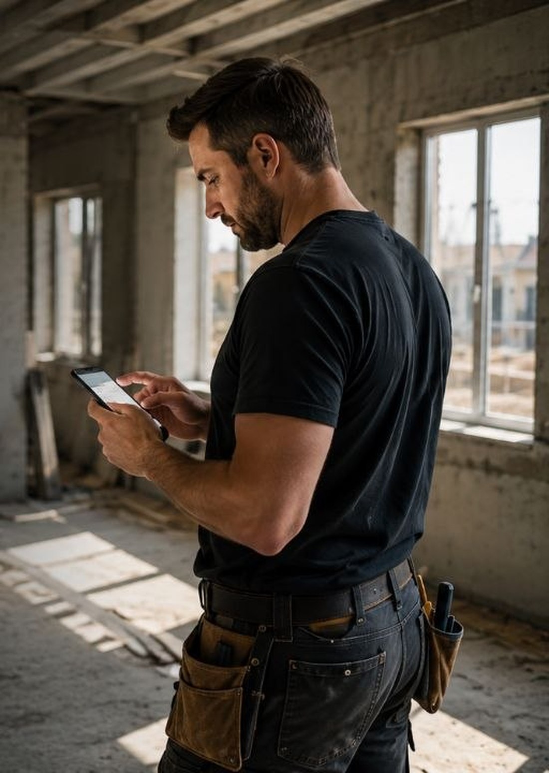 Handwerker auf der Baustelle mit dem Handy
